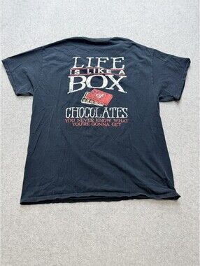 Y2K Bubba Gump Mens T Shirt L Black Life Is Like A Box Of Chocolates Graphic Tee